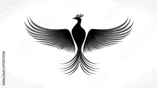 Stylized black phoenix bird silhouette with outstretched wings and regal crown, mythical creature symbol of strength, rebirth, and freedom.