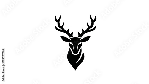 Elegant black deer head silhouette with impressive antlers on a clean white background. Stylized majestic stag icon or emblem design.