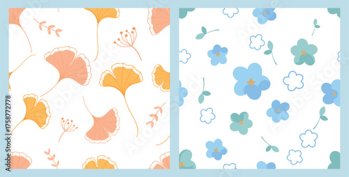 Ginkgo leaves and blue flower seamless patterns on white, warm peach and sky tones with soft sprigs, hand-drawn minimal repeats for fabric, wallpaper, wrapping and cheerful home decor.