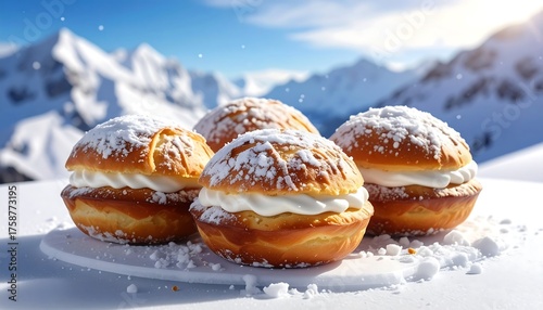 A tempting arrangement of four frosted cream-filled pastries, presented atop a white surface with snowy mountain scenery in the background