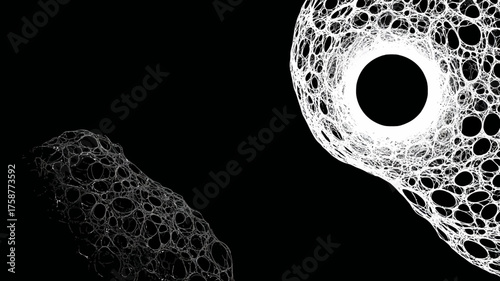 Futuristic abstract organic white cellular network structure with central black void on dark background, modern science and technology concept