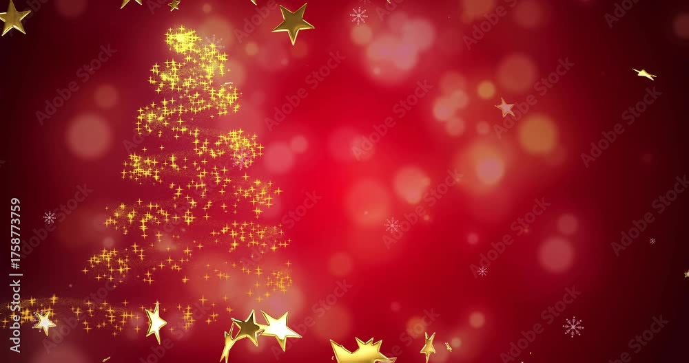 Triggered by drifting stars, sparks swirling to form Christmas tree on red gradient for celebration
