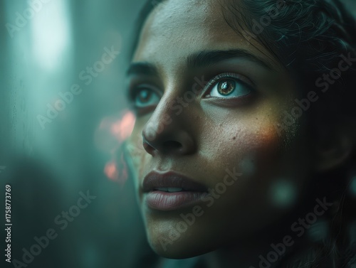 Young woman gazes thoughtfu...