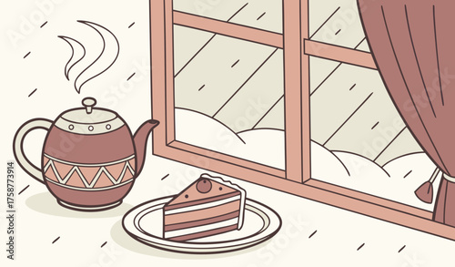 "Steam rising from a teapot and cup with cake and samosa in plate placed on a windowsill, snow falling outside, calm and cozy winter morning indoors."