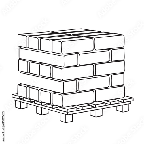 A clear black and white line art illustration presents a substantial stack of building bricks arranged on a wooden pallet, symbolizing construction materials and industrial supply.