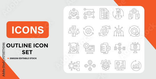 Editable Outline Icon Set Business Process Management and Workflow Concepts