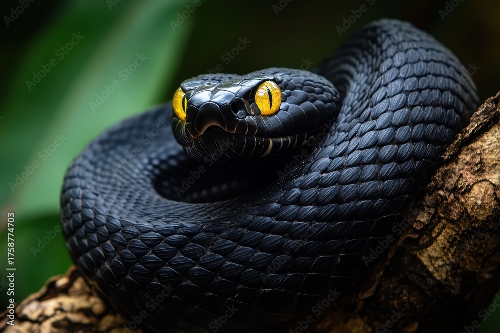 Fototapeta premium Coiled Black Snake Resting on Branch with Yellow Eyes Glimmering