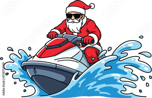 Santa Claus Riding Jet Ski Vector Illustration on Solid White Background