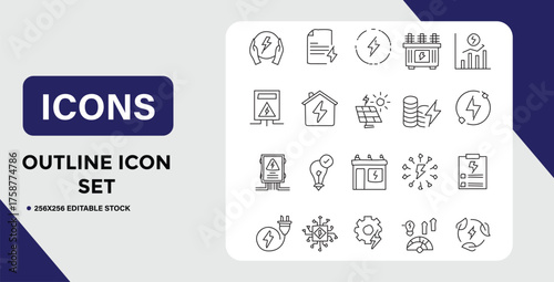 Outline Icon Set Featuring Electricity Energy and Power Related Concepts and Representations