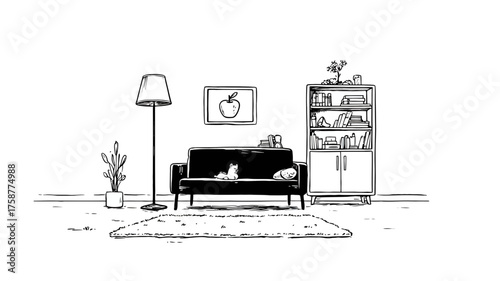 Minimalist black and white line art illustration of a cozy living room interior with a cat sleeping on a sofa, lamp, and plant.