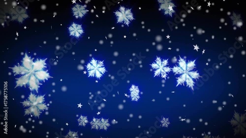 Large snowflakes drifting and rotating while medium and small flakes joining creating snowfall loop