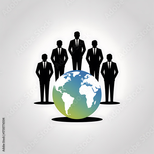 Diverse global business team silhouettes standing around a vibrant earth globe symbolizing international collaboration and success