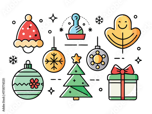 Line Art Illustration Showing A Festive Collection Of Christmas Decorations