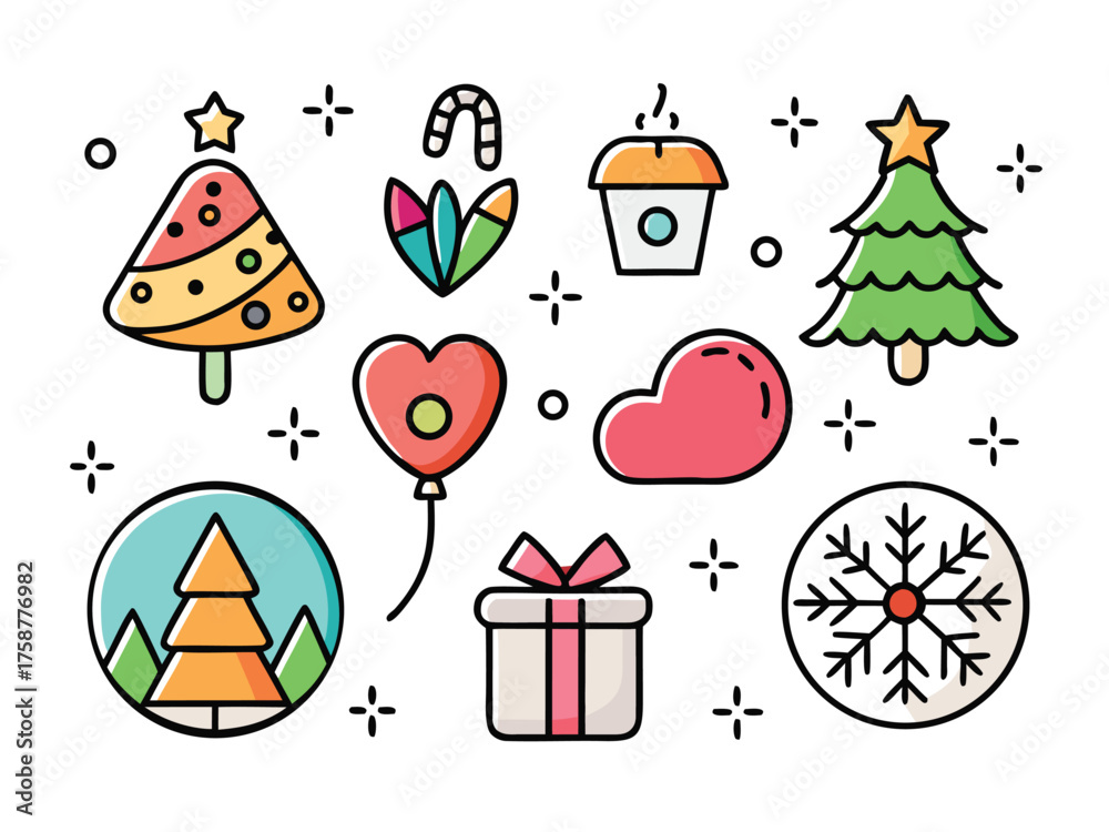 Fototapeta premium Vibrant Winter Holiday Icons Colorful Christmas Trees Gifts And Snowflake