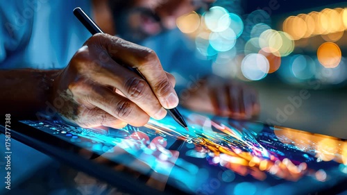 Close-up of a person sketching vibrant digital artwork on a tablet using a stylus pen