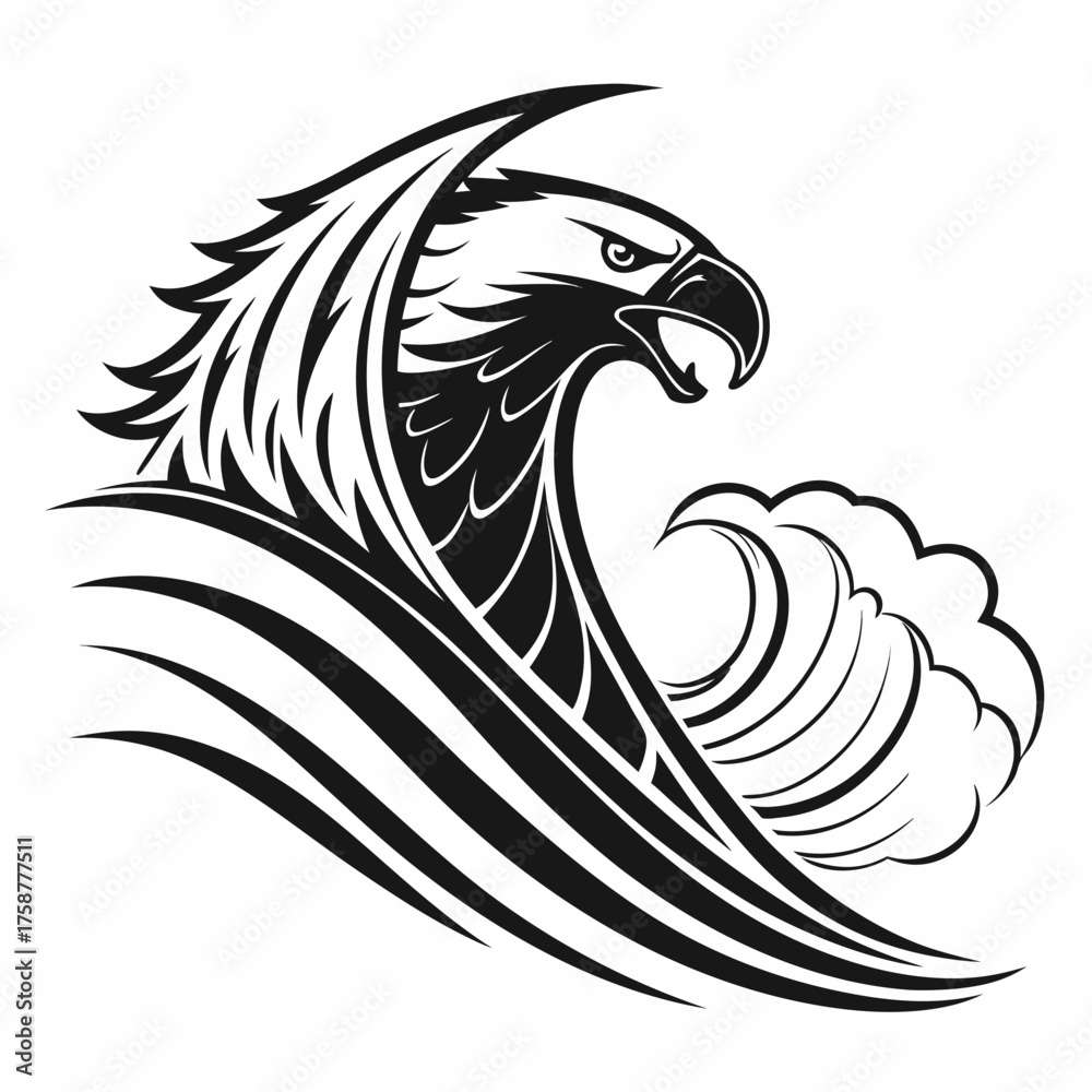Fototapeta premium Eagle head with wave, vector illustration in black