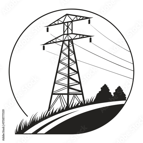 High voltage power line pylon on a hill in a circle