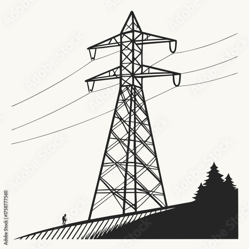 High voltage power line pylon on a hill with a person