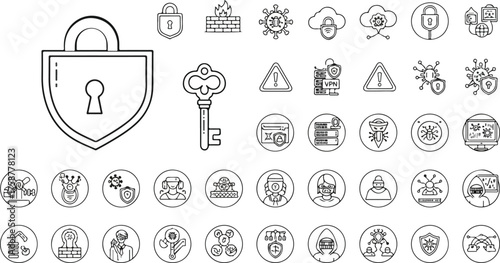 Cybersecurity and Data Protection Icons Set, black and white icons for web design