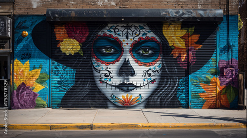 Colorful street art inspired by La Catrina , The Day of the Dead, photo style