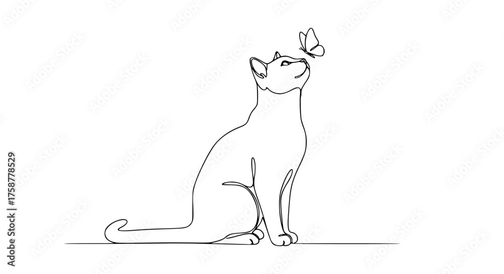 Fototapeta Single line drawing of a cat looking at a butterfly, minimalist nature art