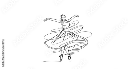 Single line drawing of a dancer spinning gracefully, minimalist movement art