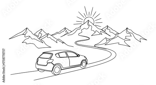 Single line drawing of a car driving through mountains, minimalist travel and adventure design