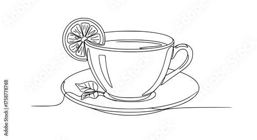 Single line drawing of a cup of tea with lemon slice, minimalist beverage art