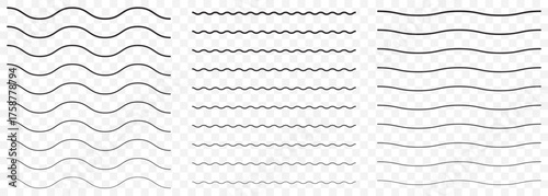 Wave line and wavy zigzag pattern lines. Vector black underlines, Geometric decoration element. smooth end squiggly horizontal, squiggles on Transparent background. EPS 10.