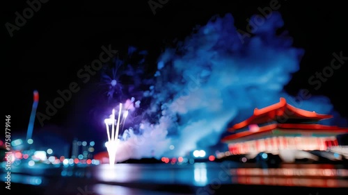 Vibrant fireworks explode over a traditional Chinese temple at night