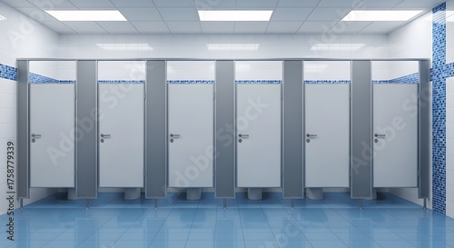 Modern Public Restroom with Blue Tile Accents