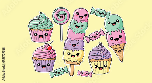 Set of Cute Kawaii Sweets, Ice Cream, and Candy - Fun Vector Design