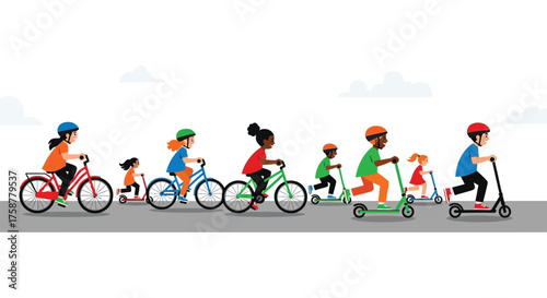 Diverse Kids Group Riding Bikes and Scooter Together - Outdoor Fun