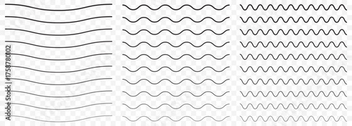 Vector wavy and zigzag horizontal underline. Waves line set. Set of wavy lines. Wave ornament pattern. Wave thin line Transparent background. EPS 10.