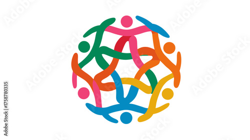 Diverse colorful abstract people forming a circular network, symbolizing global community, unity, and social connection.