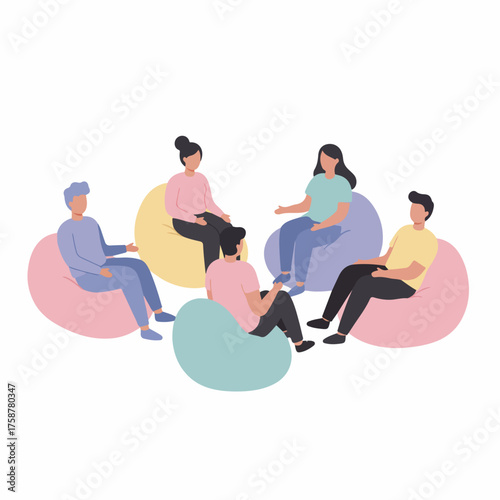 Flat Illustration of Group Therapy Session with Bean Bag Chairs