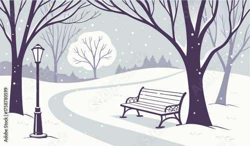  "Park bench covered with snow under bare trees, gentle snowfall, cold quiet winter day, solitude and peaceful atmosphere."