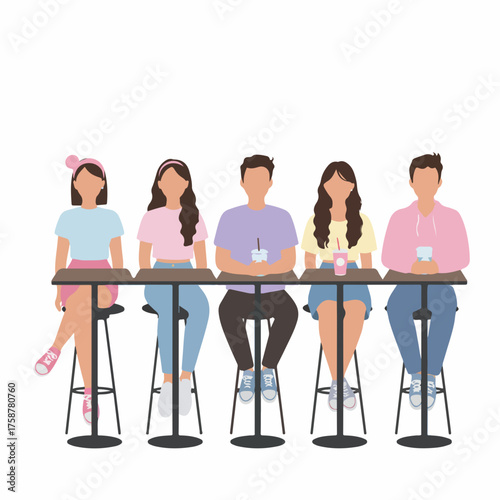 Flat Illustration Casual Group of People Sitting Together at Table