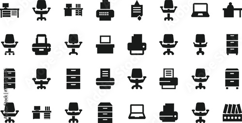 Collection of office furniture and equipment icons including chairs desks printers and cabinets isolated on transparent background