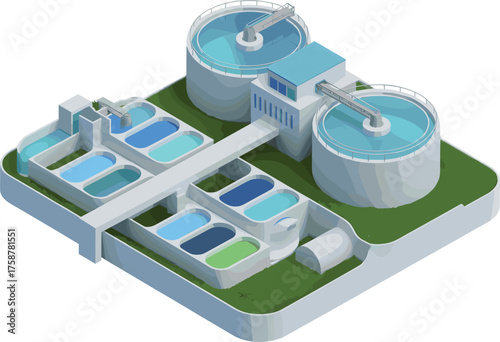 Modern isometric 3D illustration of water treatment plant facility with filtration tanks, purification basins, clean energy infrastructure, and wastewater management system