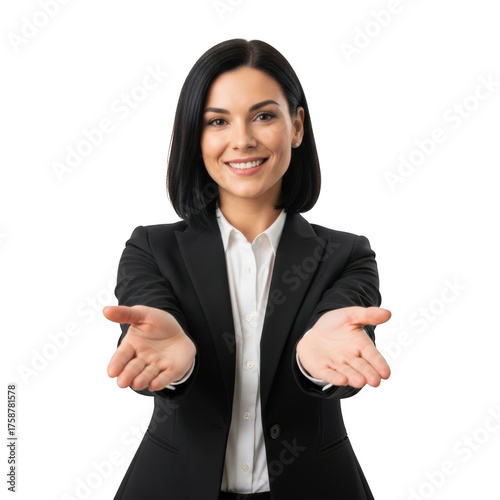Wallpaper Mural Smiling professional woman in a black suit and white shirt extending her open hands forward isolated on transparent background Torontodigital.ca