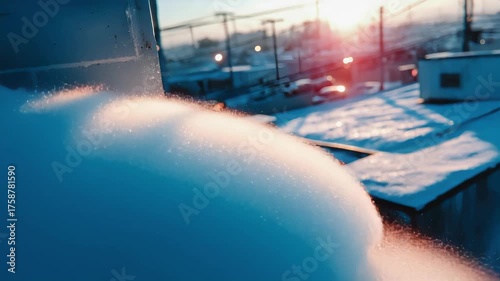 Close-up of a snowy rooftop edge reflecting the sunrise over a blurred city skyline