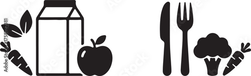 Simple line art icons of healthy food items like milk carton apple carrots broccoli and cutlery set