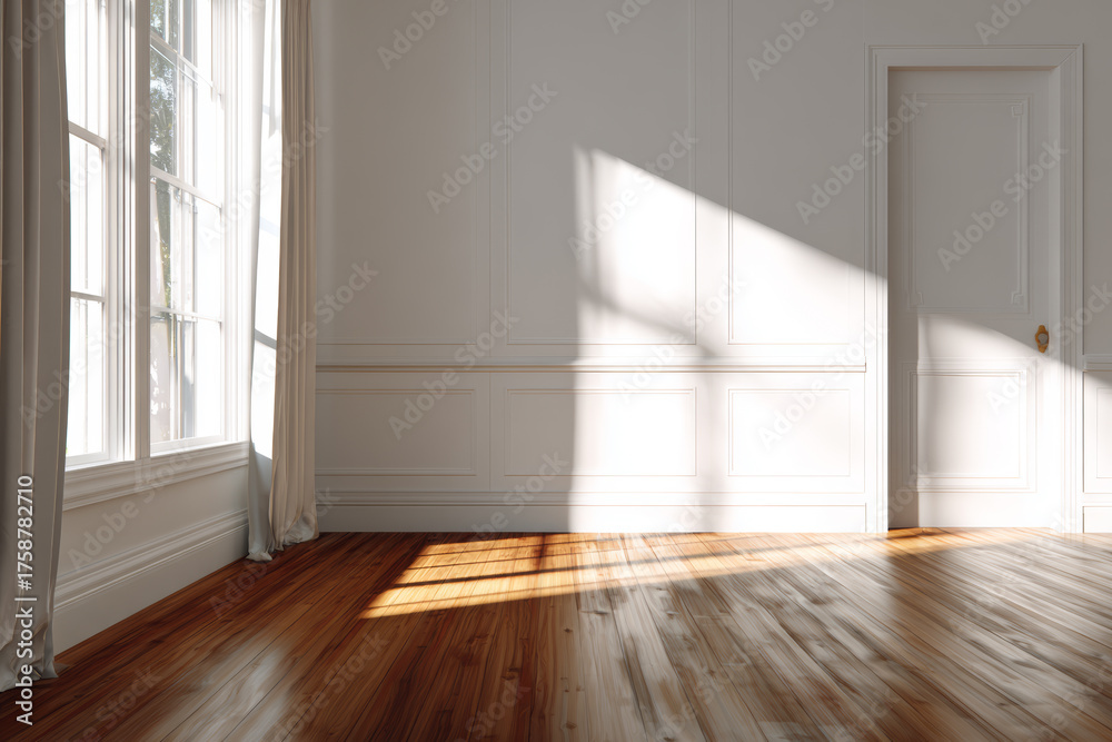 Fototapeta premium Sunlit Empty Room With Wooden Floor And White Walls