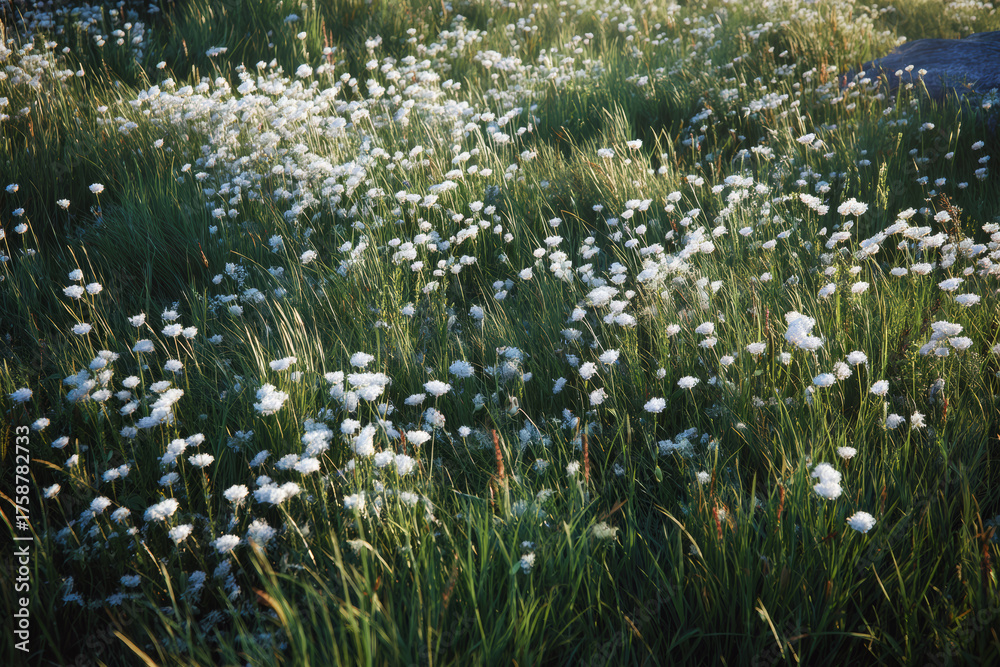 Obraz premium Field Of White Wildflowers And Green Grass