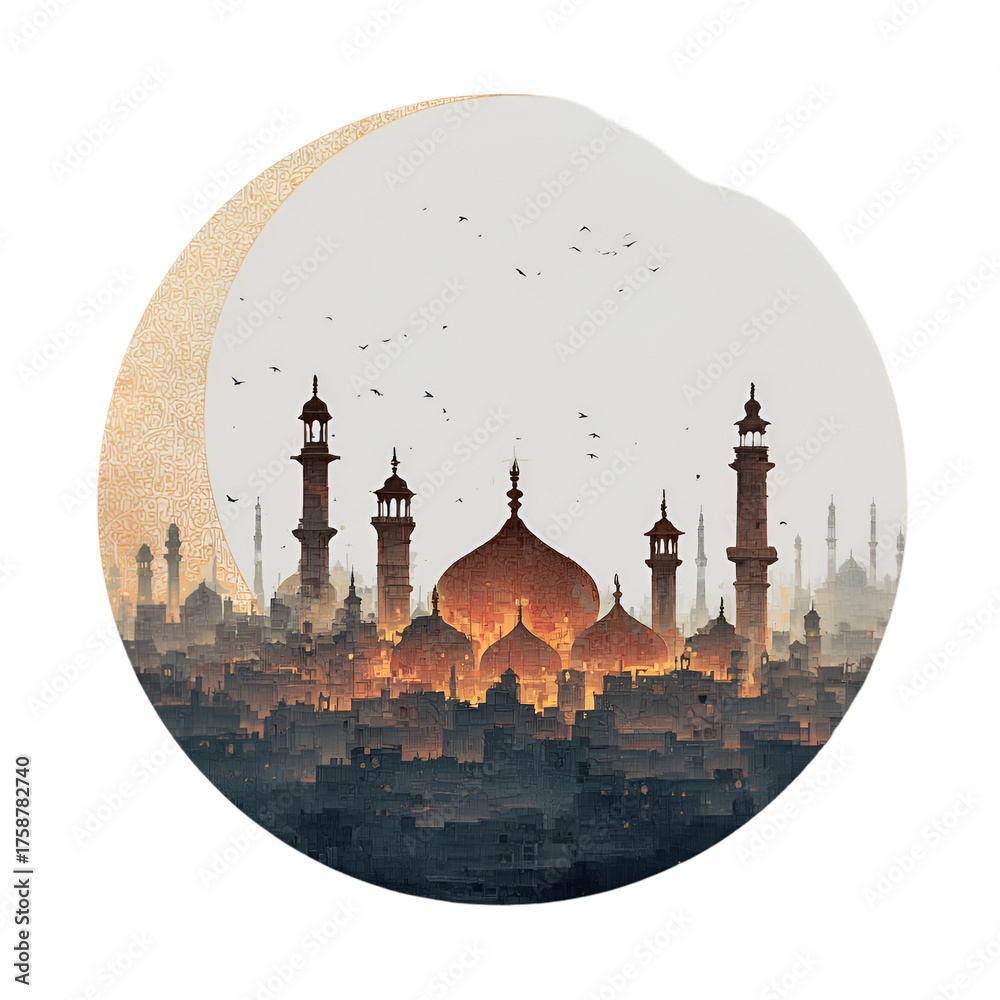 Naklejka premium Muslim Events, Ramadan, Ramzan, Eid, Eid ul fitr, Eid ul Adha, Rabi ul Awwal, Muharram, Shab e Barrat, Shab e Miraj, Laila tul qaddar, moon night, Chand raat, qurbani on white background