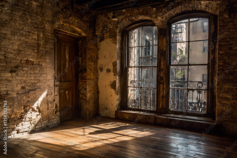 Fototapeta premium Sunlit Room With Aged Brick Walls And Windows