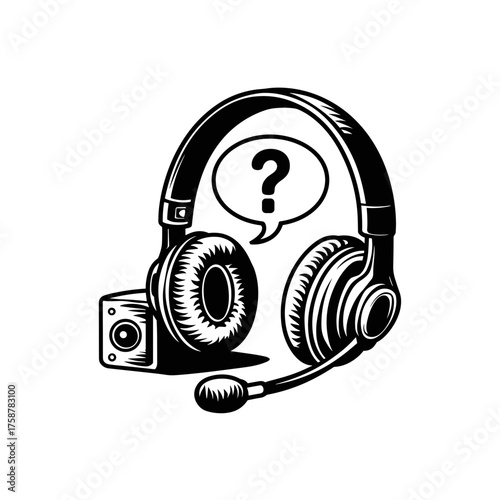 Black and white vector of headset with microphone and speech bubble – Ideal for call center, online service, or technical support content.