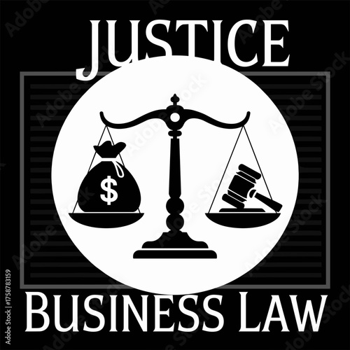 Balanced scale with money bag and gavel vector – Great for business law concepts, legal equality graphics, or financial justice illustrations.