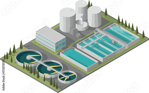 Modern isometric 3D illustration of wastewater treatment plant facility with filtration tanks, aeration basins, clean water management, and eco engineering system